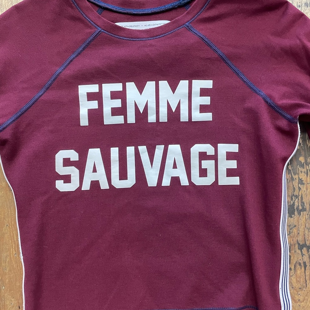 144. Parts + Labor Femme Sauvage Large Maroon/blue long sleeve crop shirt - Picture 8 of 8